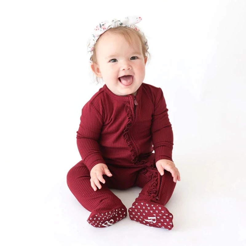 Footie Ruffled Zippered One Piece - Dark Red Ribbed – Mady and Max